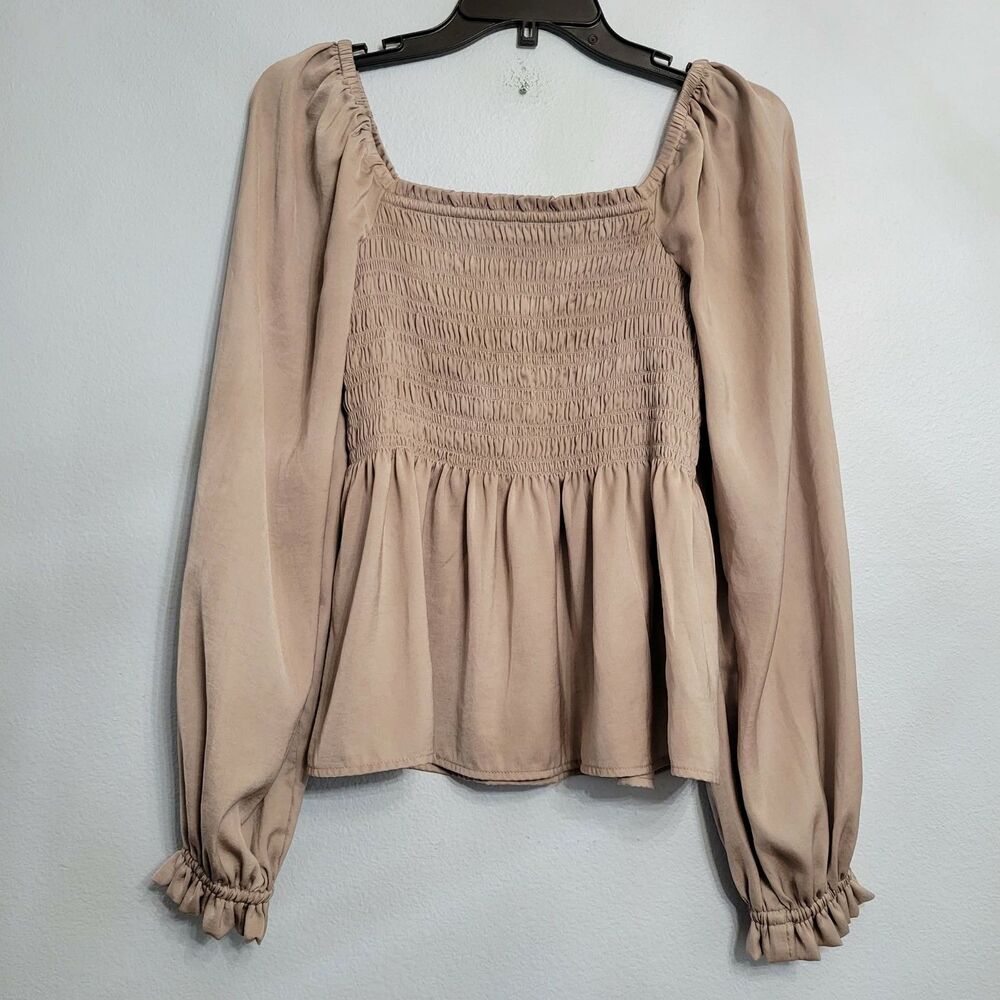 GAP Smocked Peplum Top SM Balloon Sleeve Square Neck Taupe Cottagecore Boho Chic